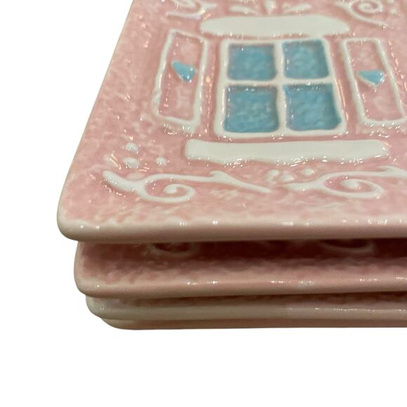 Godinger Pastel Pink Gingerbread House 6in Ceramic Appetizer Plates New - Picture 15 of 16
